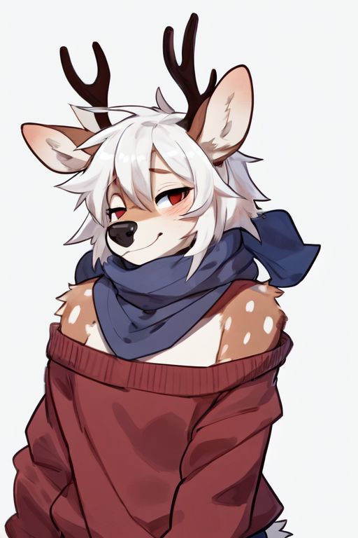 Anthro deer character with white hair and scarf